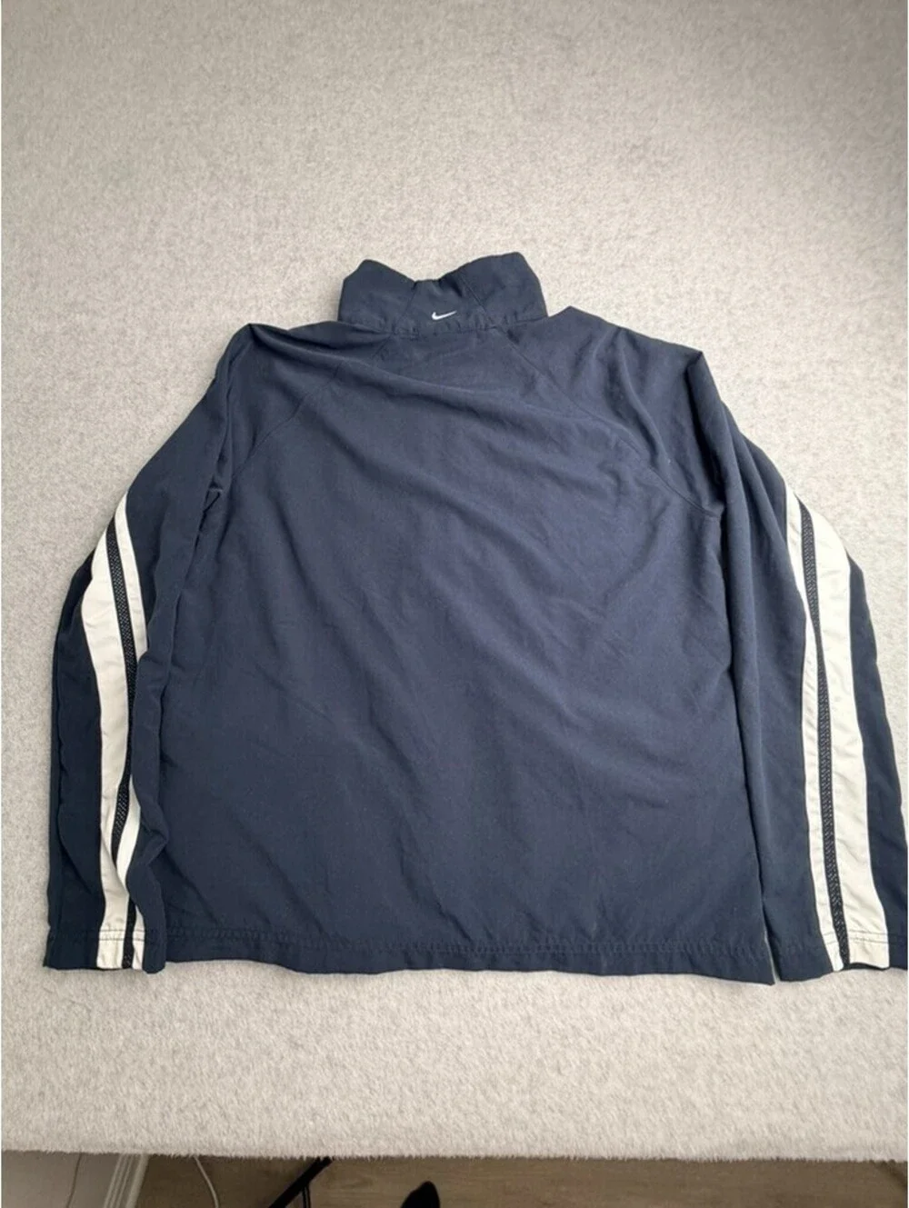 Nike Womens Athletic Jacket Navy Blue White Striped Full Zip Polyester Mock Neck